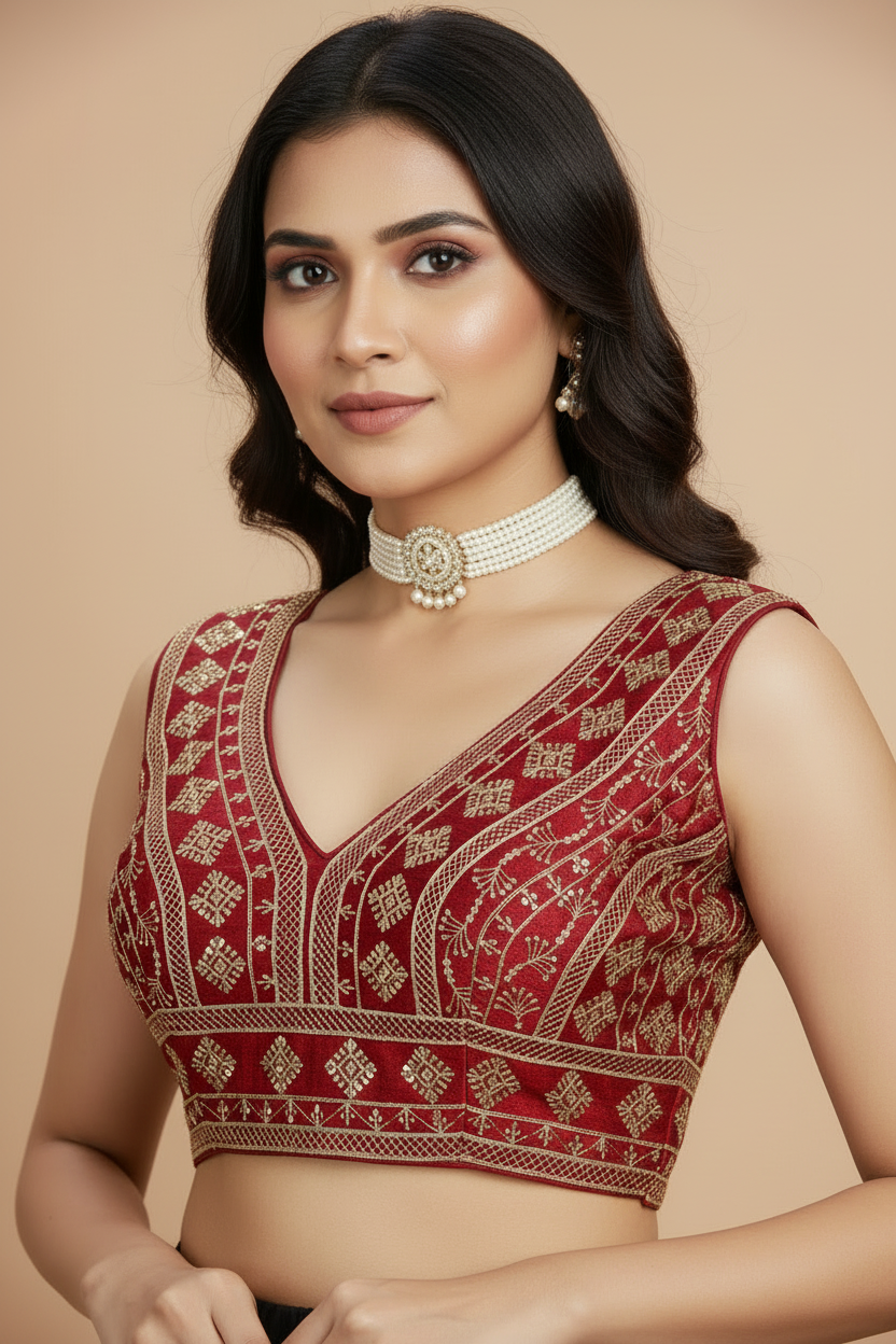 Maroon Designer Padded Sleeveless Blouse with Heavy Gold-Thread Embroidery & Sequin Work