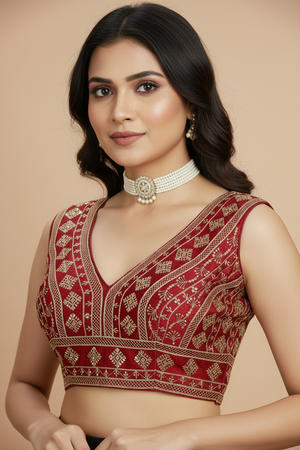 Maroon Designer Padded Sleeveless Blouse with Heavy Gold-Thread Embroidery & Sequin Work