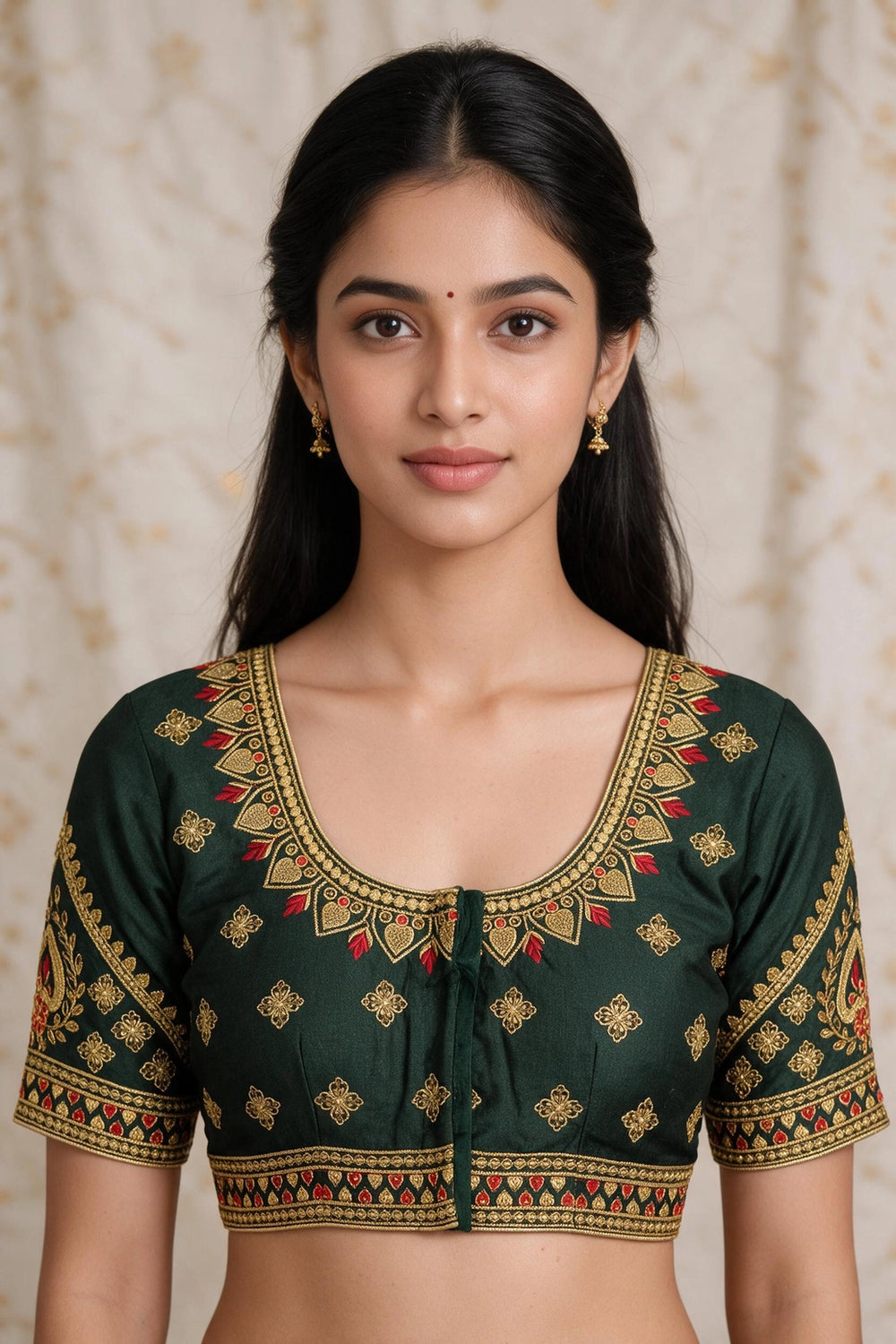 Green Zari Embroidered U-Neck Padded Ready Blouse with Floral Paisley Butta, Fully Stitched Elbow Sleeve for Women - Green