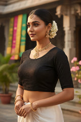 Black Plain Stretchable Ready-Made Designer Blouse with Gold-Tone Bead Work, Elbow Sleeve, Fully Stitched - Black