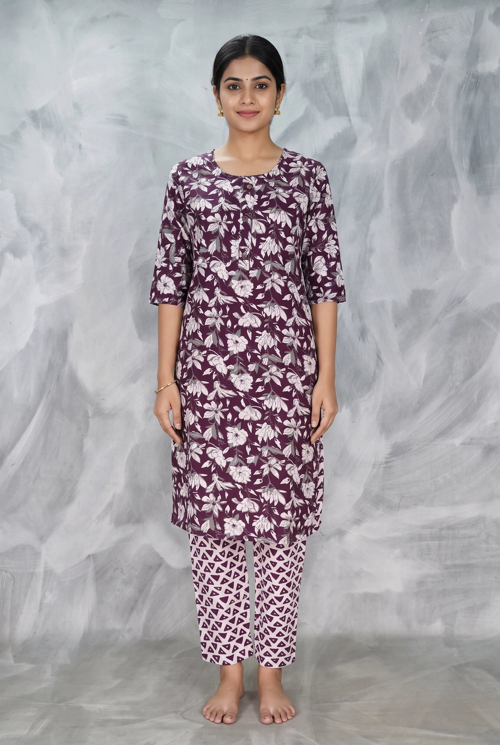 Purple Floral Rayon Kurti with Elastic Pant 2-Piece Set for Women | Round Neck Button Placket 3/4 Sleeves - Purple