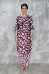 Purple Floral Rayon Kurti with Elastic Pant 2-Piece Set for Women | Round Neck Button Placket 3/4 Sleeves - Purple