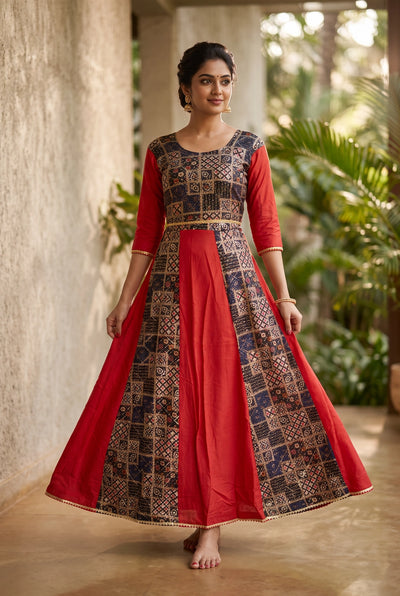 Red Patola Patchwork Chaniya Choli with Designer Top & Flared Lehenga Skirt for Navratri Party Wear - Red