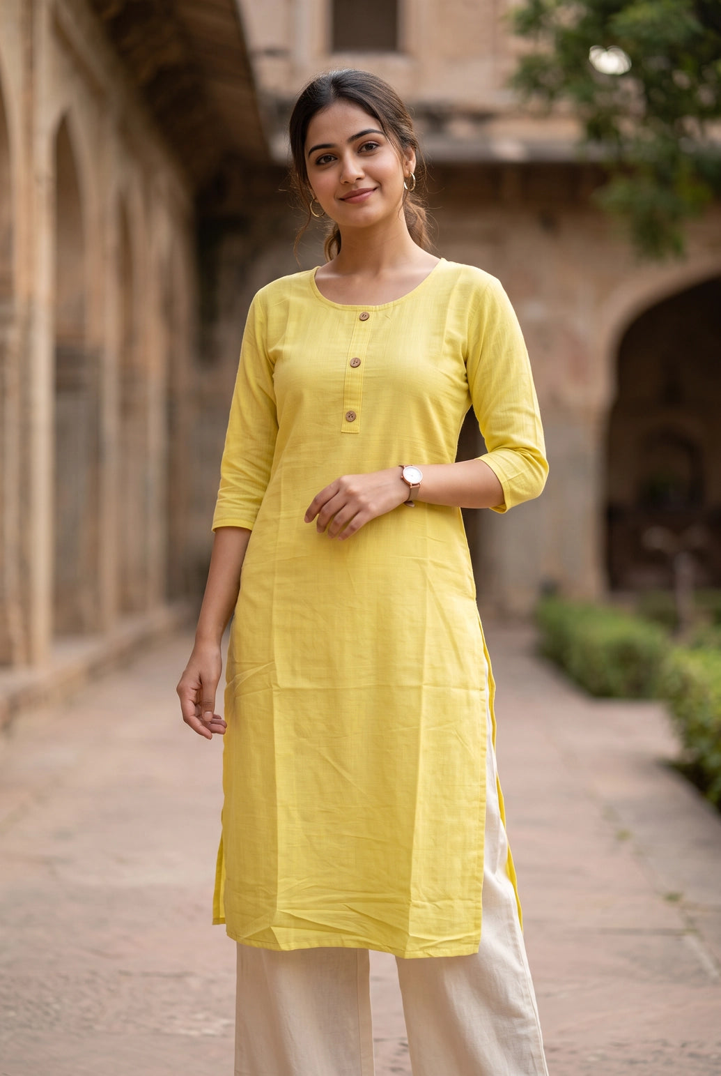 Two-Tone Plain Round Neck Kurti with Front Buttons and 3/4 Sleeves for Women - Lime Yellow - Lime Yellow