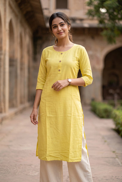 Two-Tone Plain Round Neck Kurti with Front Buttons and 3/4 Sleeves for Women - Lime Yellow - Lime Yellow