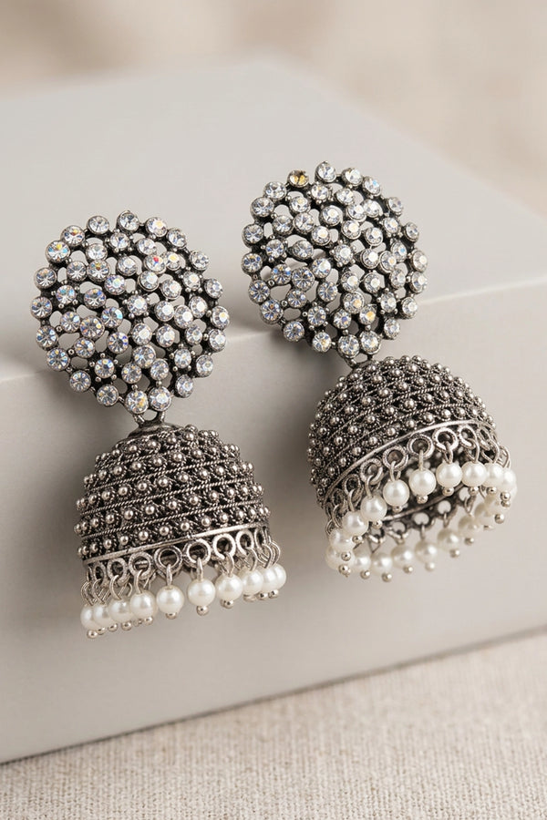 Oxidized Silver Tone Jhumka Earrings with White Stone Stud Top and Pearl Drop Dangles - Black silver