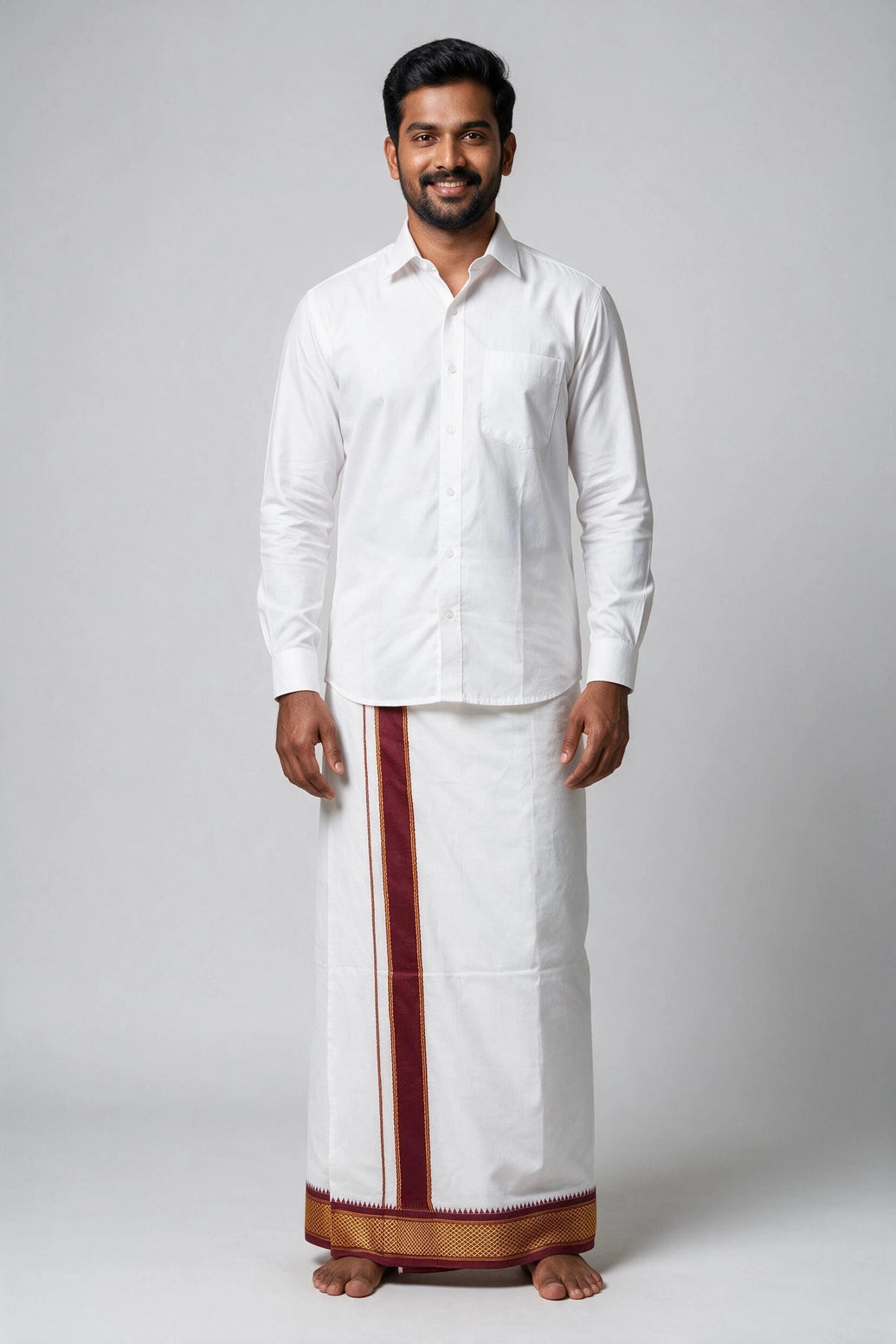 Men’s White Cotton Double Dhoti with Maroon and Gold Ganga Jamuna Border - Maroon