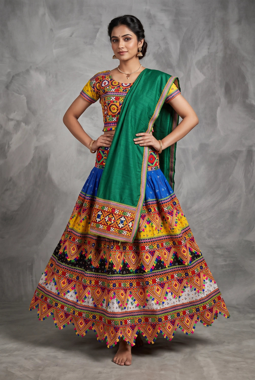 Designer Navratri Chaniya Choli Set with Kutchi Mirror Work and Bandhani Lehenga, Green Multi-Color Festive Wear - Multi Color & Green