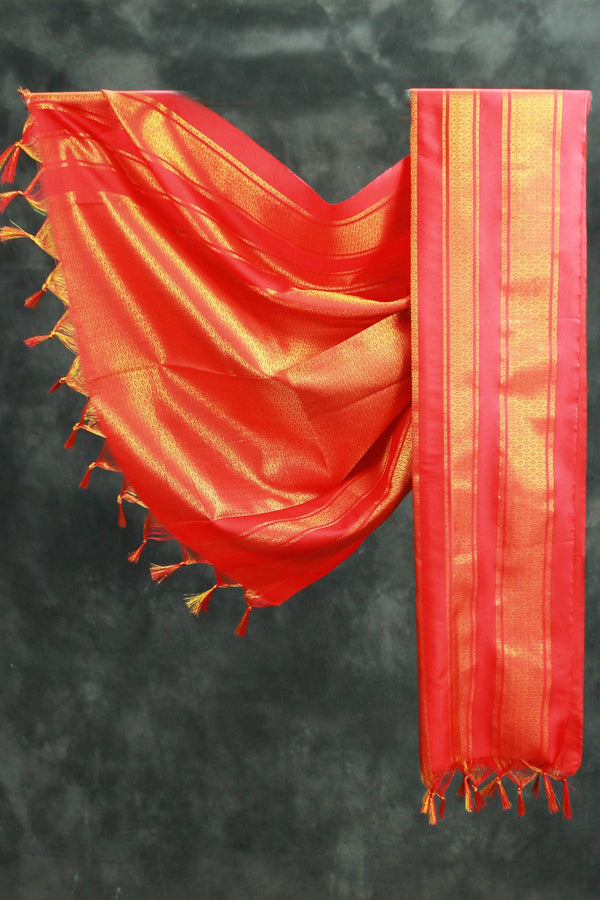 Red Ponnadai Poly Silk Jacquard Temple Shawl with Zari Pattern & Tassels | 2 Meter South Indian Function Dupatta - Red