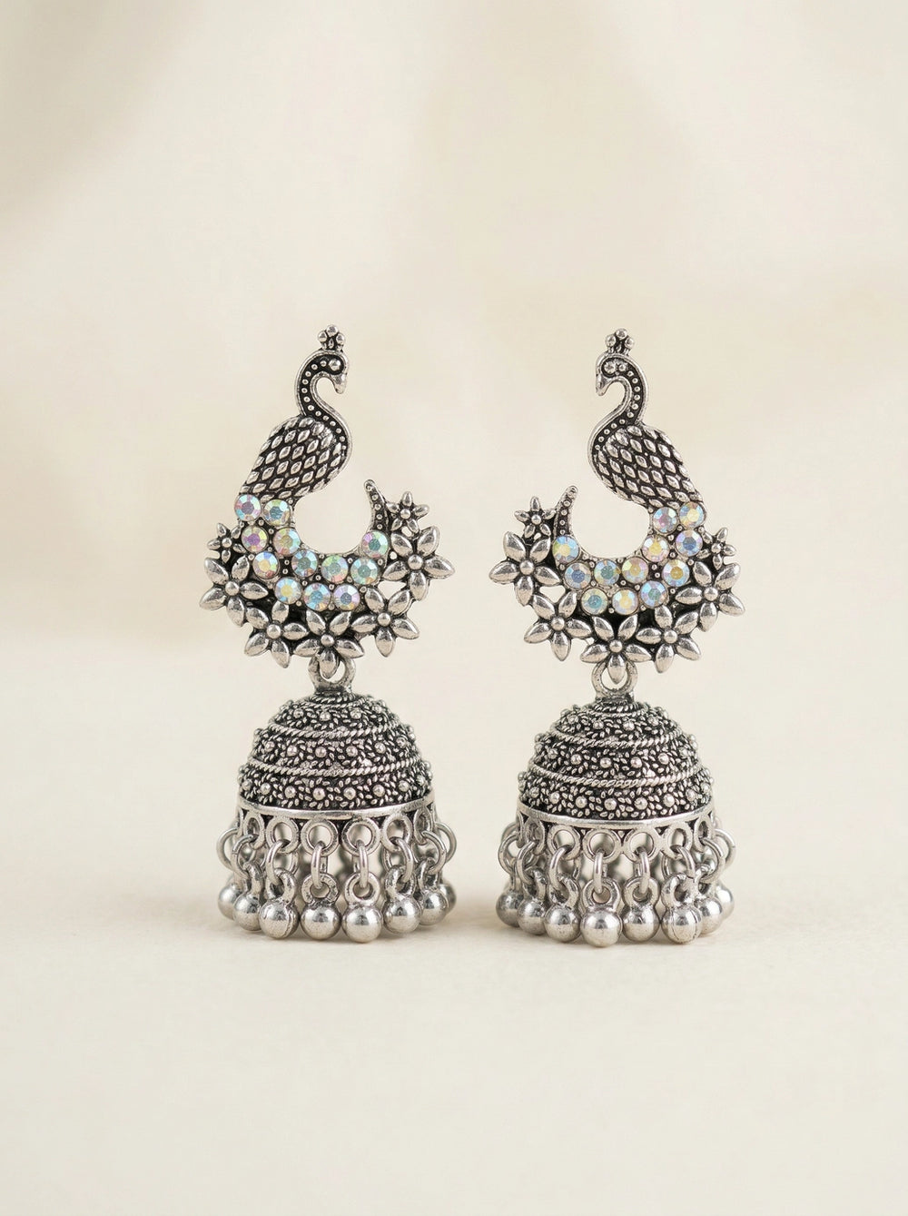 Oxidized Peacock Jhumka Earrings with Floral Stone Work, Black Silver Dangling Beads for Women - Black silver