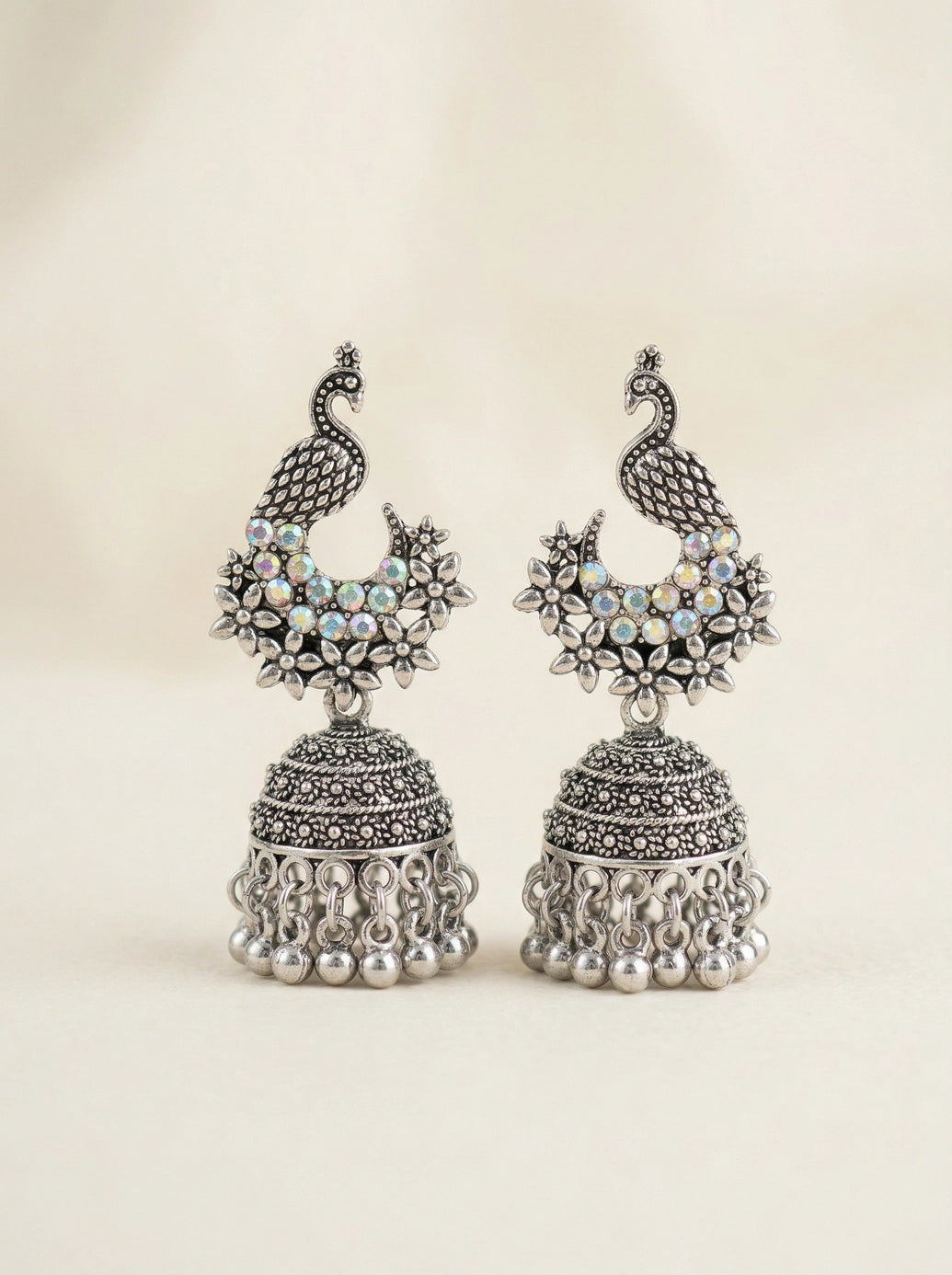 Oxidized Peacock Jhumka Earrings with Floral Stone Work, Black Silver Dangling Beads for Women - Black silver