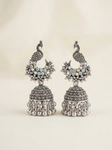 Oxidized Peacock Jhumka Earrings with Floral Stone Work, Black Silver Dangling Beads for Women - Black silver