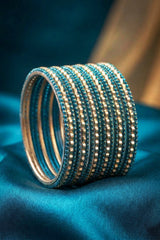 Stone Studded Metallic Bangle Set with Sparkling Rows - Teal Blue, Green & Maroon