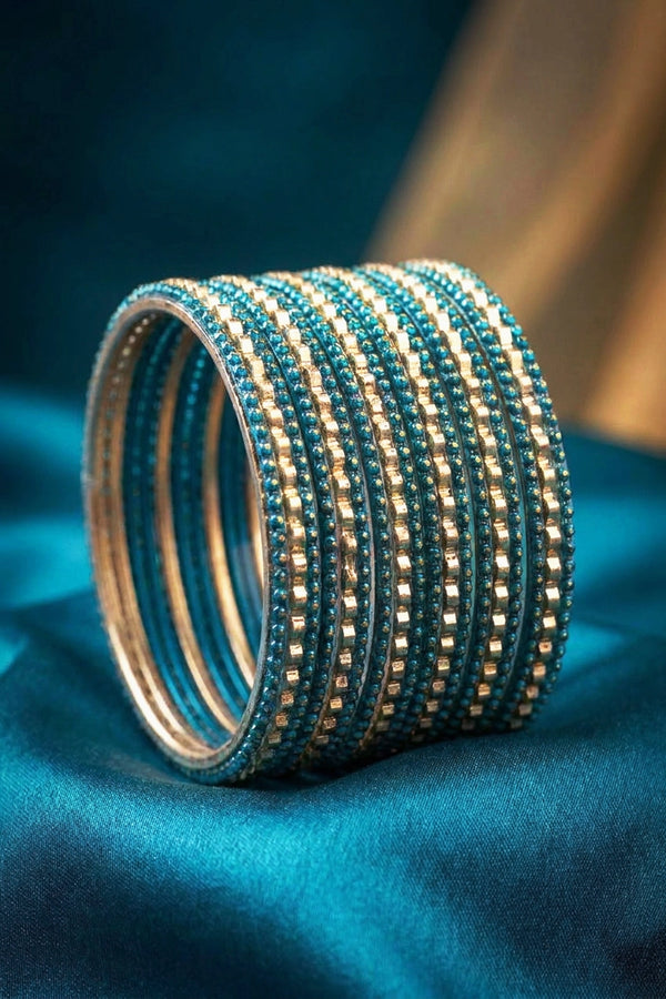 Stone Studded Metallic Bangle Set with Sparkling Rows - Teal Blue, Green & Maroon