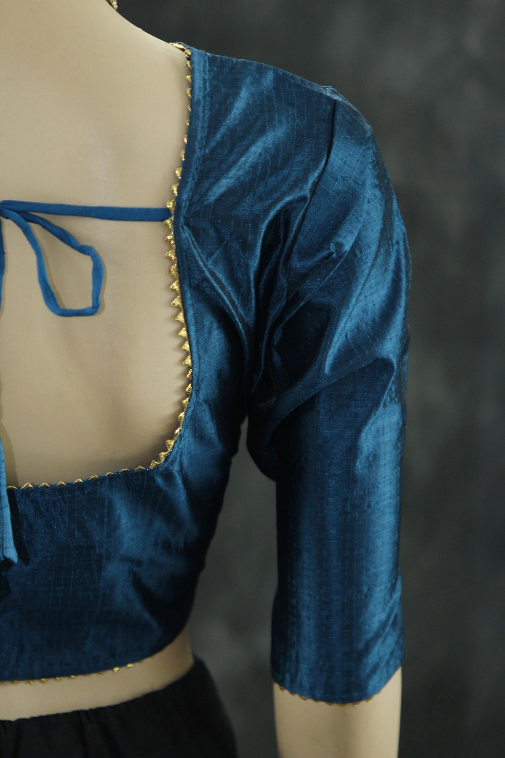 Readymade Navy Blue Raw Silk Padded Designer Blouse with Elbow Sleeves and Back Knot Blouse JCS Fashions Navy blue 36