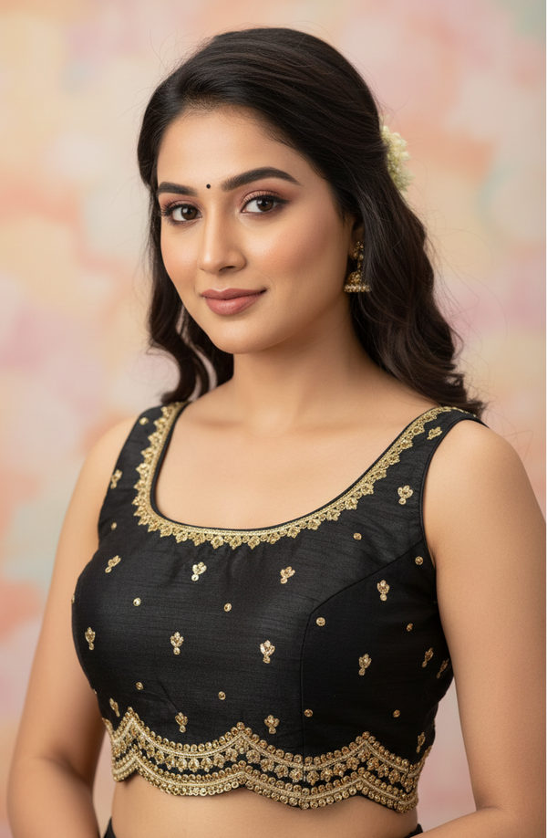 Black Readymade Padded Designer Blouse with Sequin Floral Motifs, Sleeveless, Back Knot, Adjustable up to 44