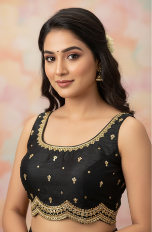 Black Readymade Padded Designer Blouse with Sequin Floral Motifs, Sleeveless, Back Knot, Adjustable up to 44