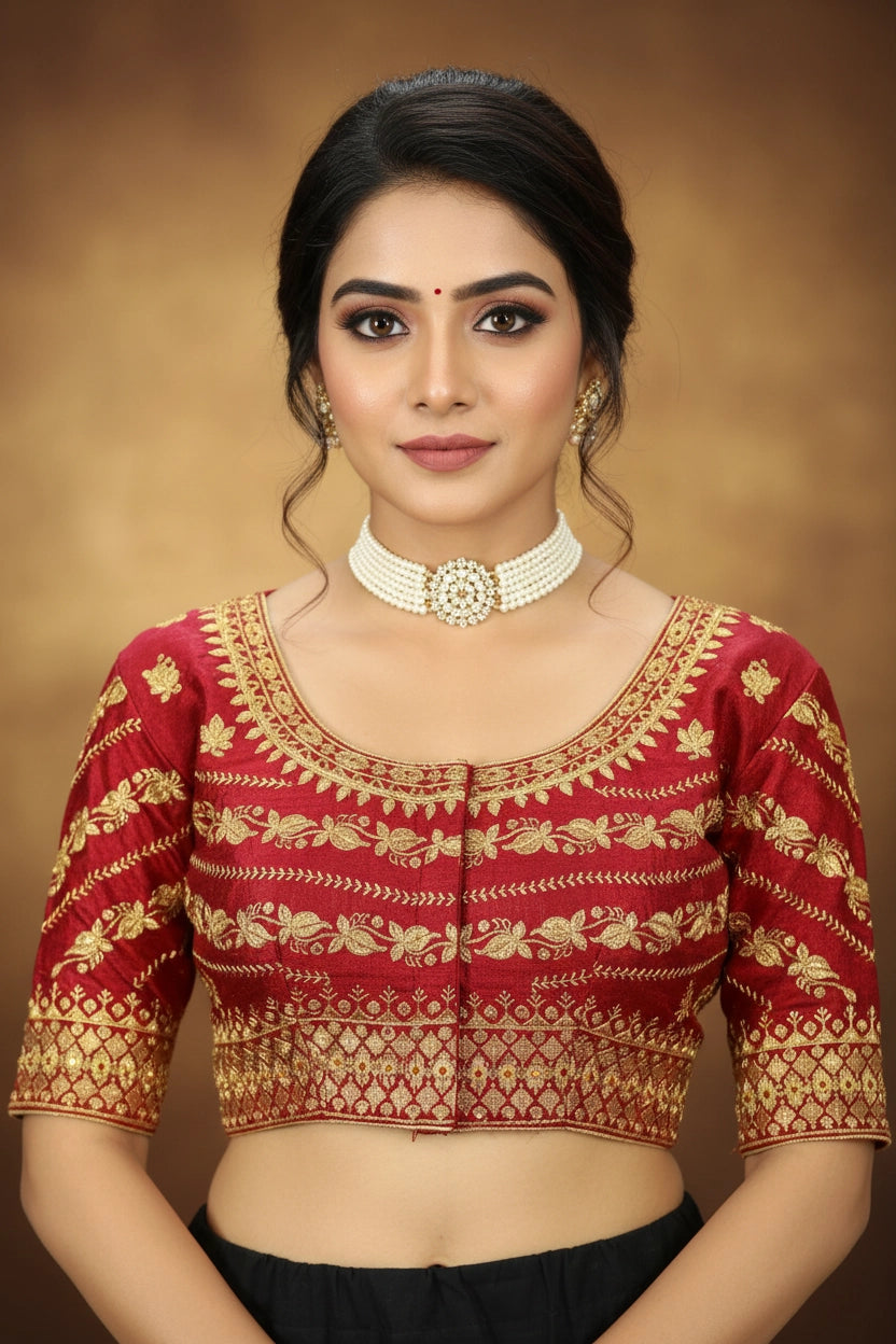 Maroon Zari Butta Padded Ready-to-Wear Designer Blouse with Floral-Vine Embroidery and U-Neck - Maroon