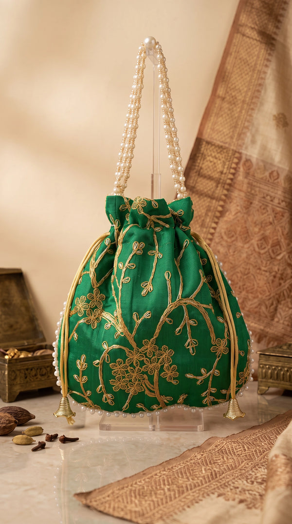 Green Embroidered Wedding Potli Bag with Pearl Bead Trim and Drawstring Pouch for Festive Gifts - Green