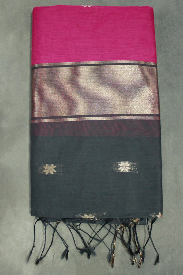 Purple Maheswari Silk Cotton Saree with Small Butta & Zari Border, Blouse Piece - Purple