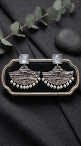 Grey Textured Triangle Stone Drop Earrings for Women, Silver-Toned Party Festive Jewellery - Grey