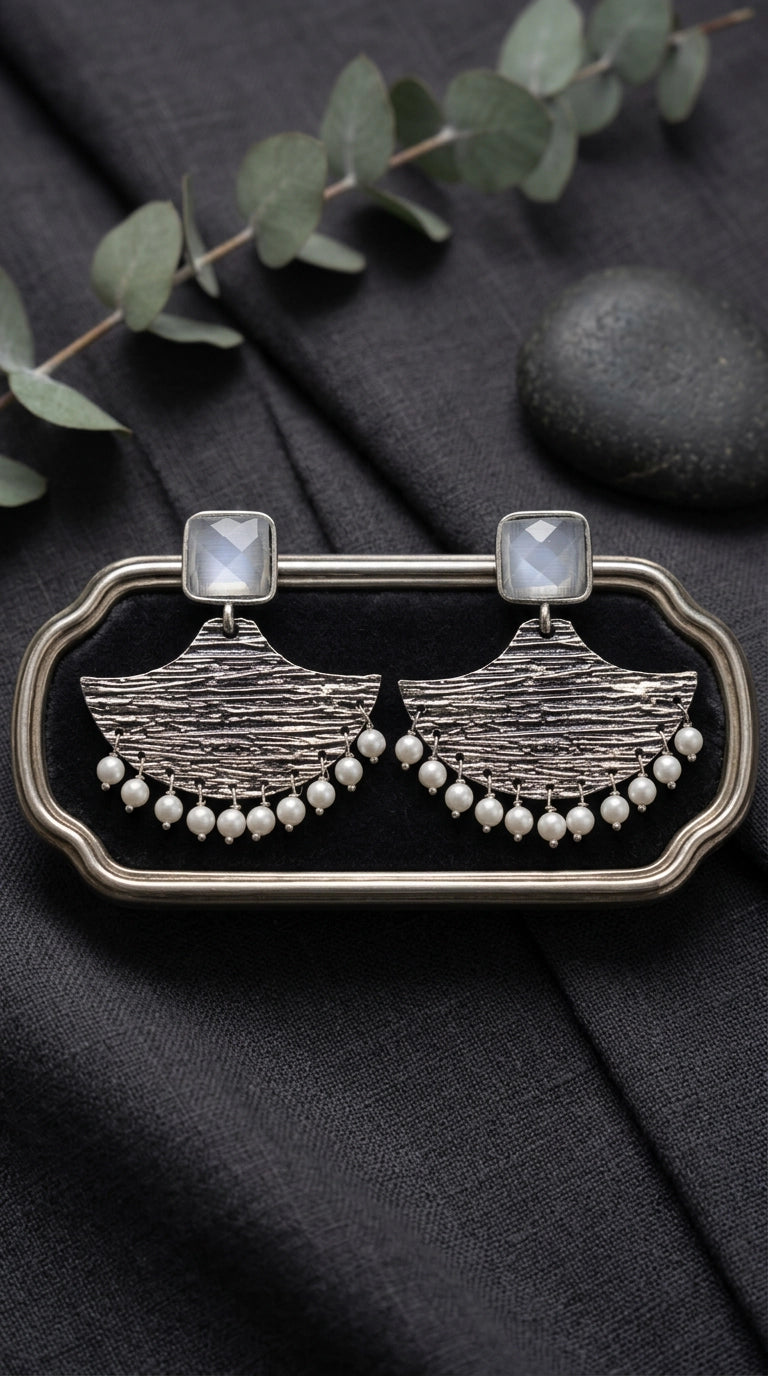 Grey Textured Triangle Stone Drop Earrings for Women, Silver-Toned Party Festive Jewellery - Grey