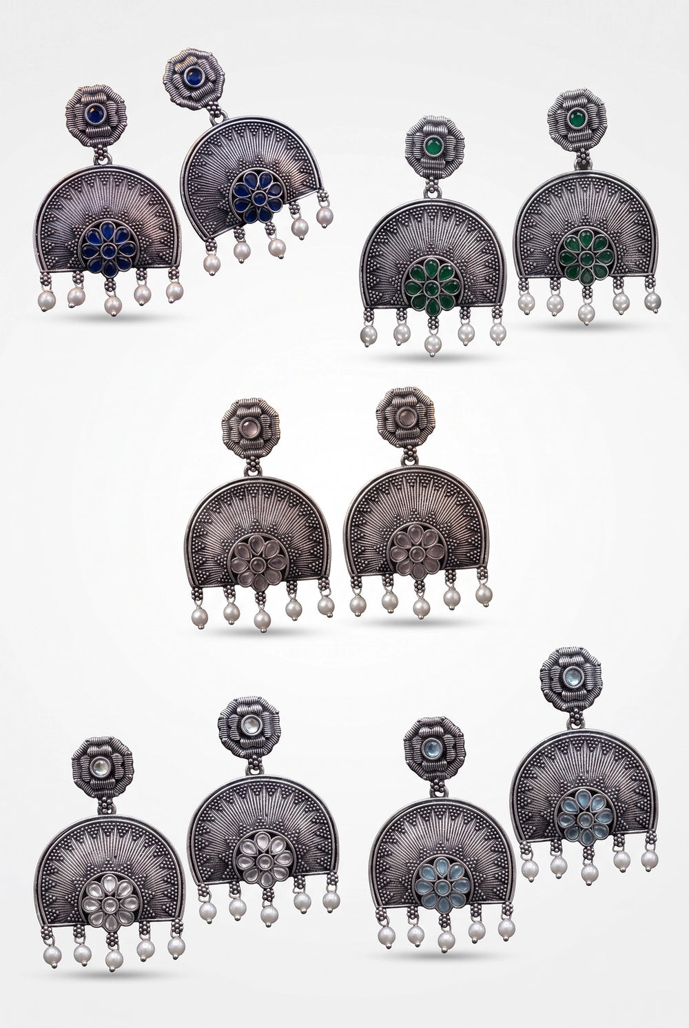 Oxidized Silver Floral Pendant Earring Set with Pearl Drops and Sunburst Motif