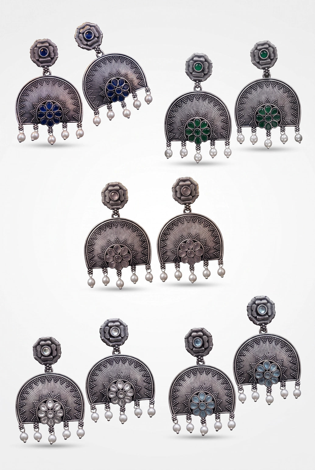 Oxidized Silver Floral Pendant Earring Set with Pearl Drops and Sunburst Motif