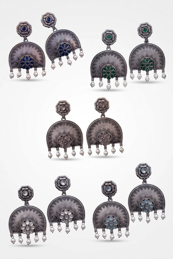 Oxidized Silver Floral Pendant Earring Set with Pearl Drops and Sunburst Motif