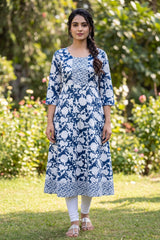 Navy Blue Cotton Anarkali Kurti with Geometric Floral Print, Golden Piping and Dori Detail - Navy Blue