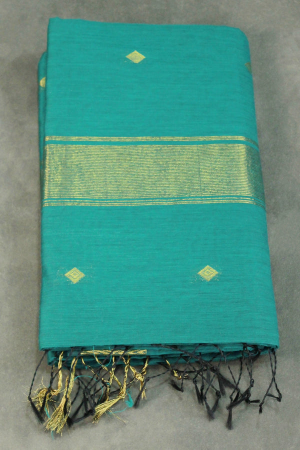 Dark Green Silk Cotton Saree with Zari Border and Blouse Piece | Traditional Ethnic Wear - Dark Green