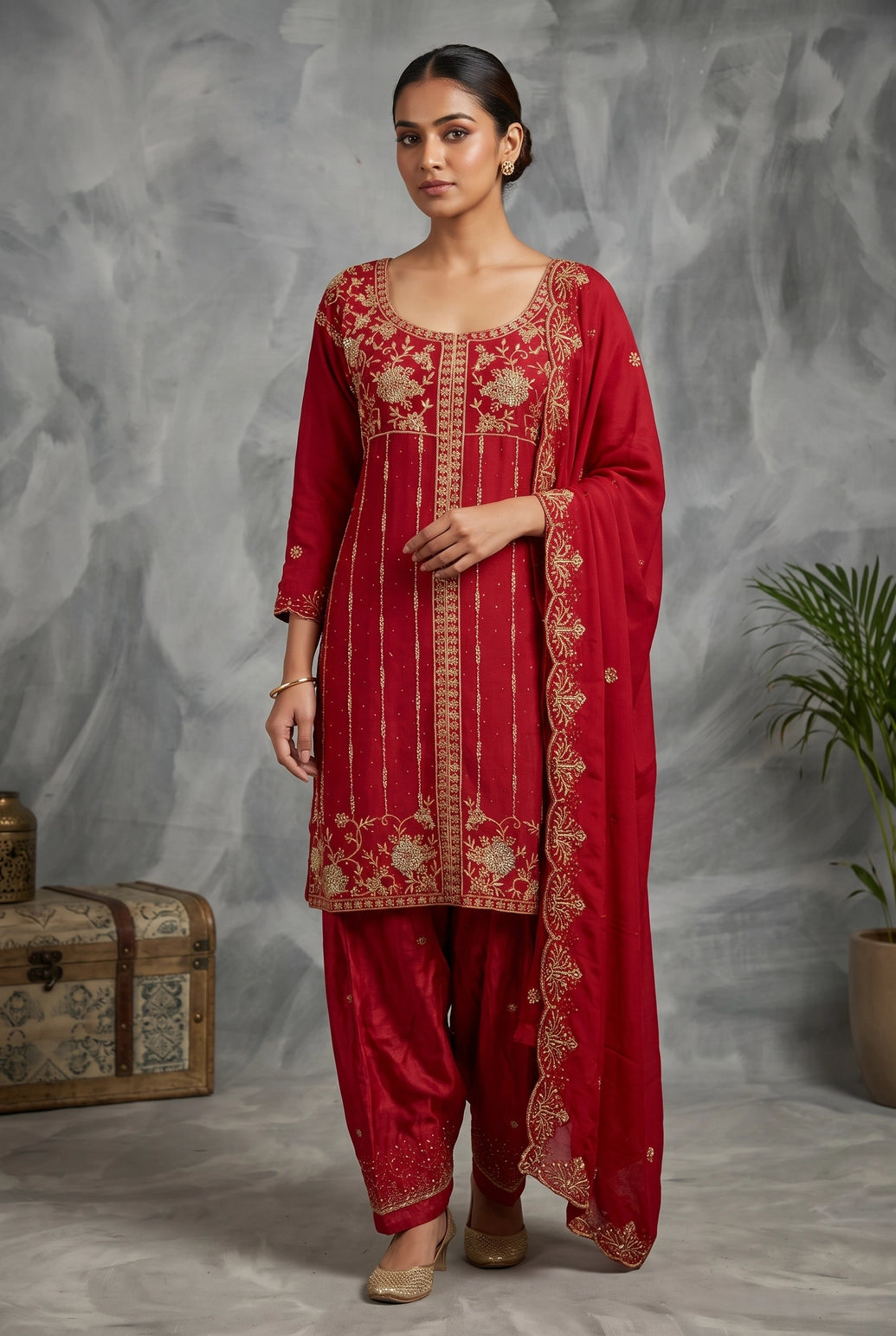 Rani Pink Heavy Embroidered Kurti Pant Set with Jarkan Work and Organza Dupatta - Rani Pink