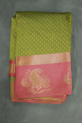 Mehendi Green Emboss Silk Saree with Floral Motifs & Satin Border, Comes with Blouse - Mehendi Green