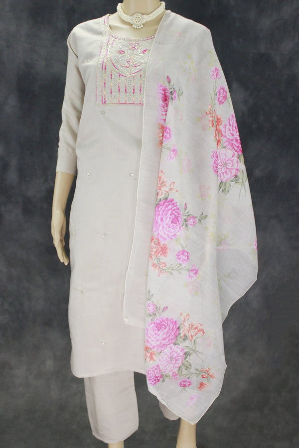 Elegant Beige Roman Silk 3 Piece Set with Embroidery - Beige