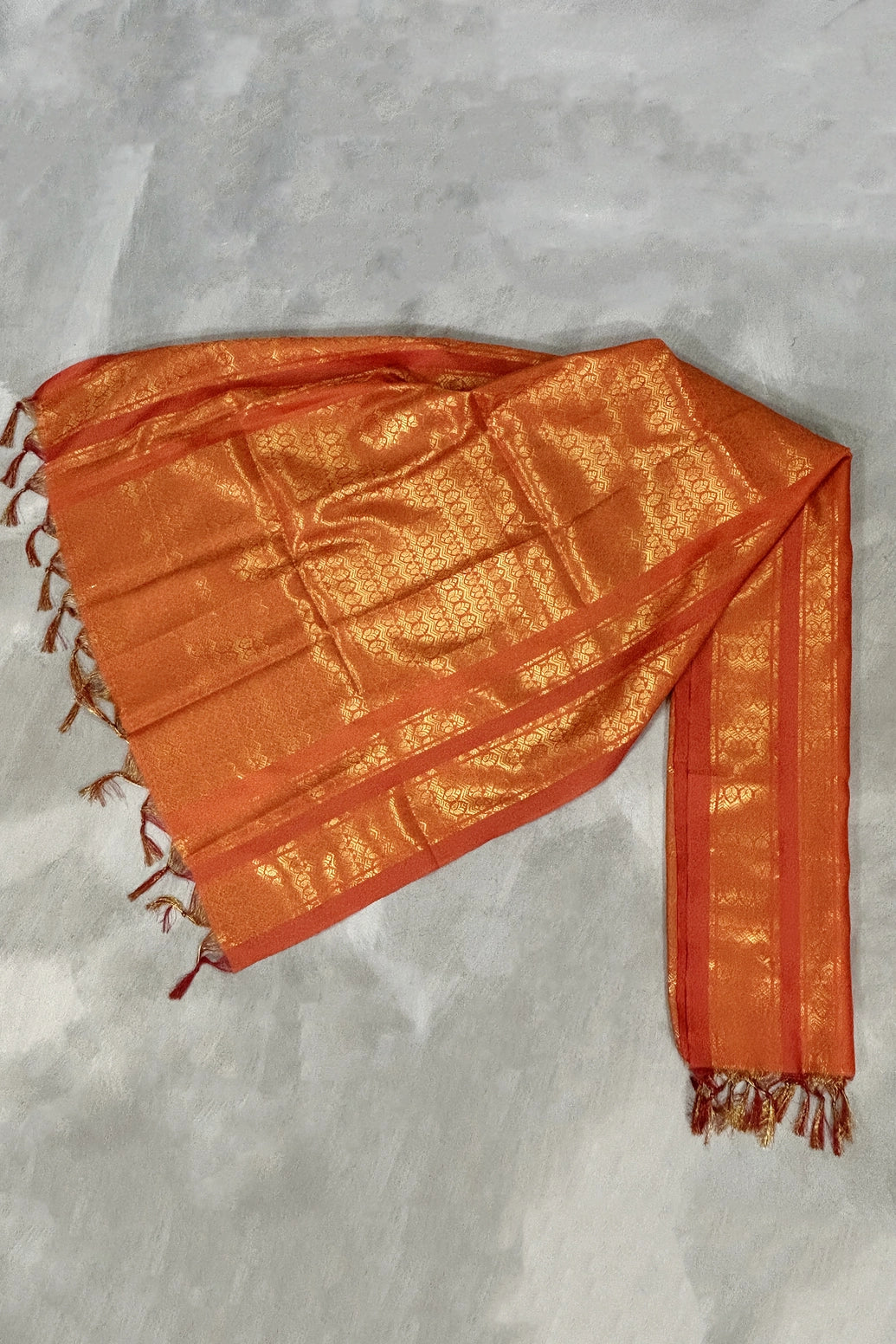 Orange Ponnadai Poly Silk Jacquard Temple Shawl with Zari Design & Tassels for Pooja, Weddings, Functions - Orange