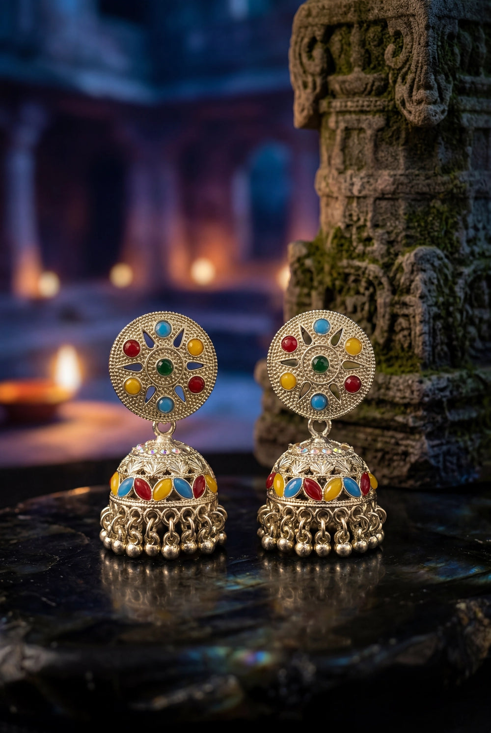 Silver Oxidized Jhumka Earrings with Multicolour Stone Stud Top and Beaded Danglers for Festive Wear - Multi color