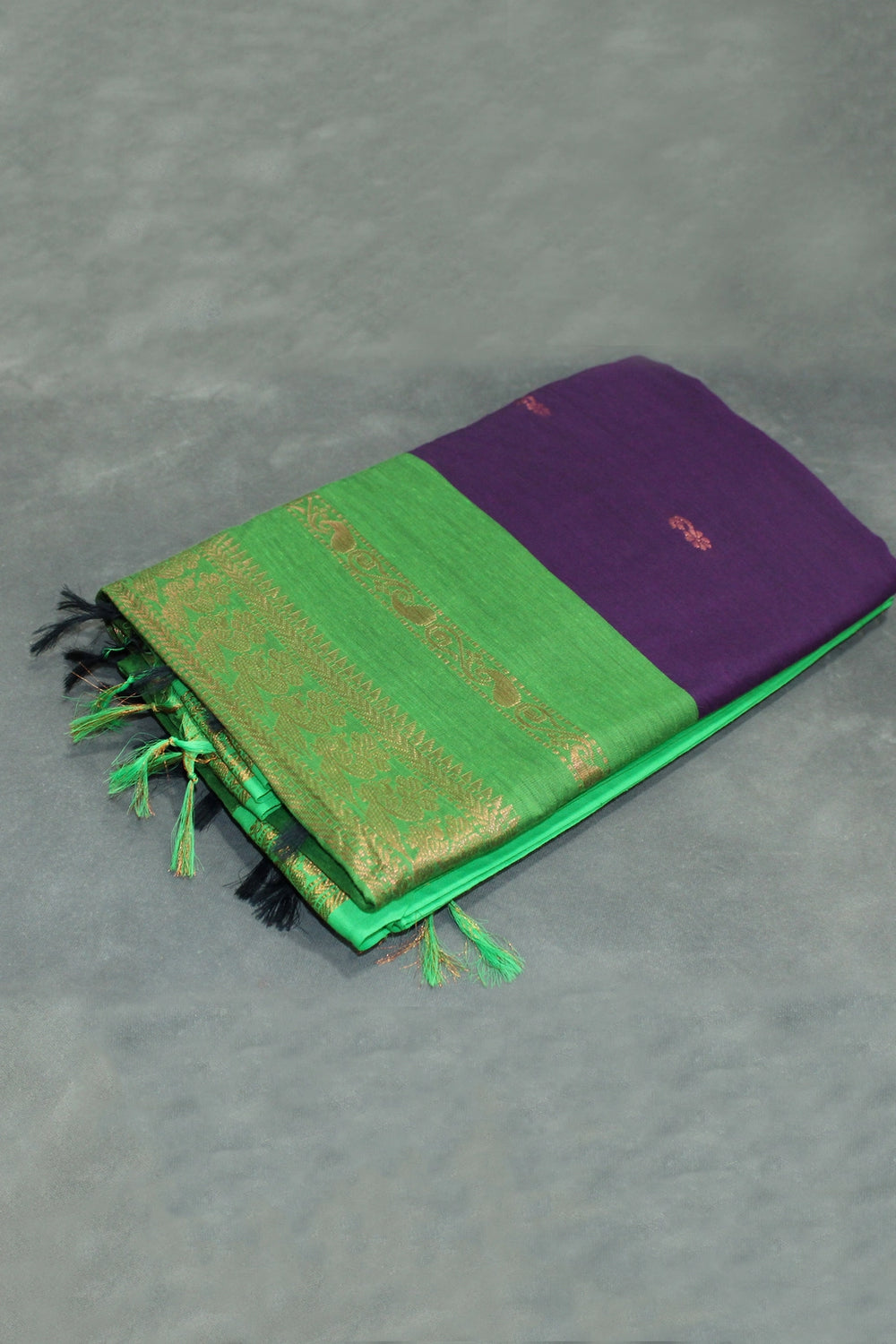 Kalyani Cotton Saree - Deep Violet with Green Zari Border and Butta Design Saree JCS Fashions Deep Violet 5.5 meters