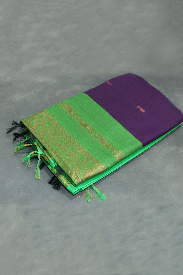 Kalyani Cotton Saree - Deep Violet with Green Zari Border and Butta Design Saree JCS Fashions Deep Violet 5.5 meters