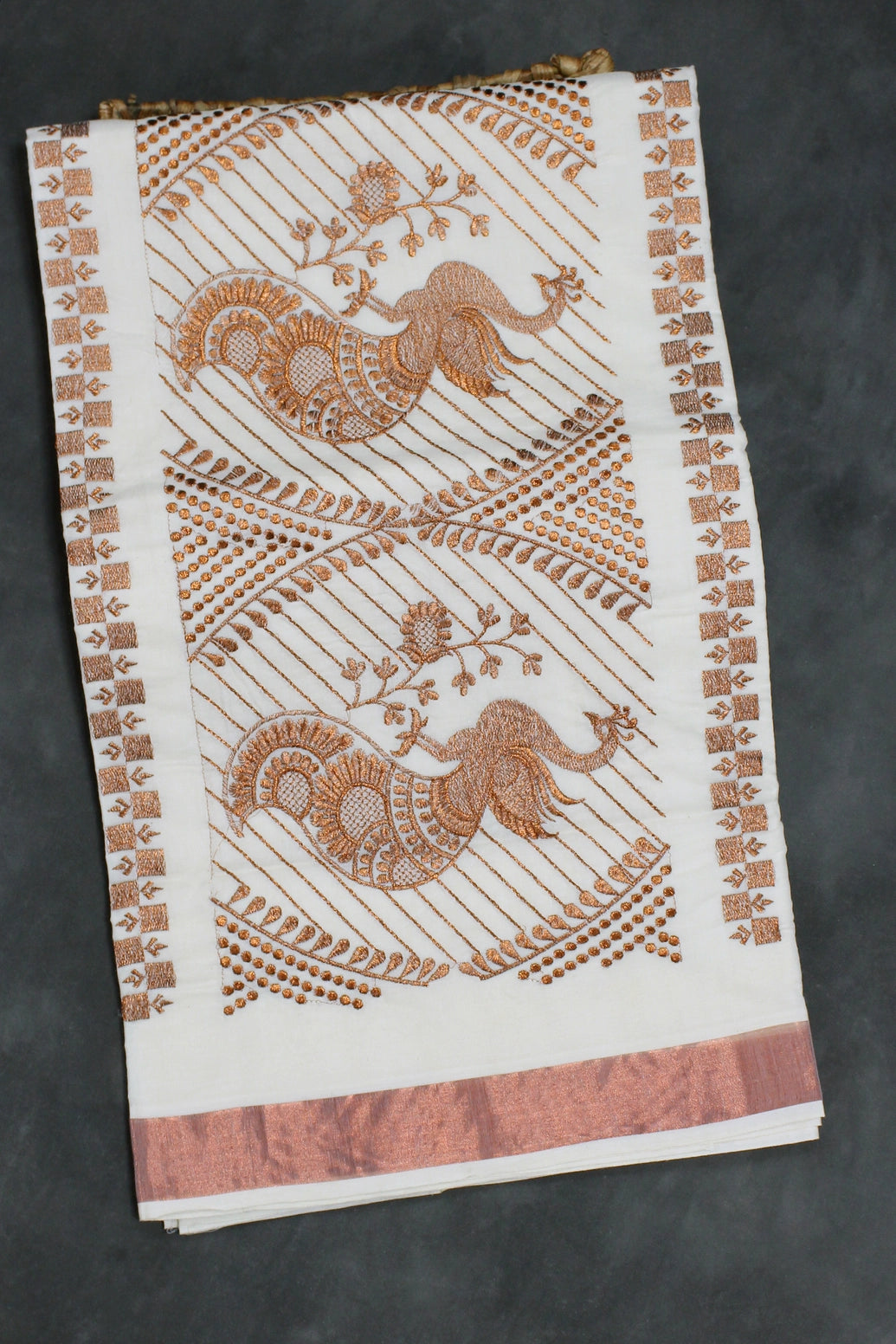 White Kerala Cotton Saree with Copper Zari Peacock Embroidery and Copper Border - White