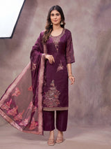 Purple Jacquard Bead Work Kurti Pant Set with Elastic & Dupatta for Women - Purple