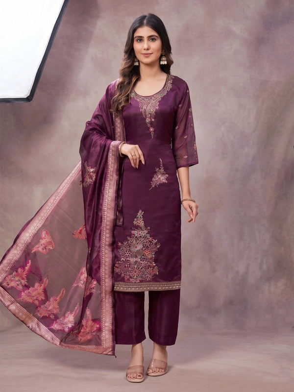 Purple Jacquard Bead Work Kurti Pant Set with Elastic & Dupatta for Women - Purple