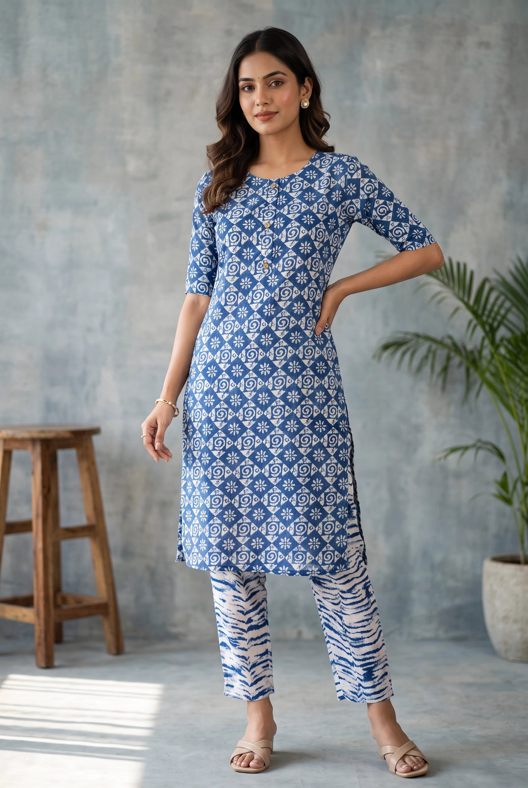 Indigo Blue Rayon Printed Kurti with Pant Set, V-Neck & Button Detail, All-Over Floral Swirl Pattern - Indigo Blue