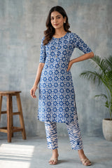 Indigo Blue Rayon Printed Kurti with Pant Set, V-Neck & Button Detail, All-Over Floral Swirl Pattern - Indigo Blue