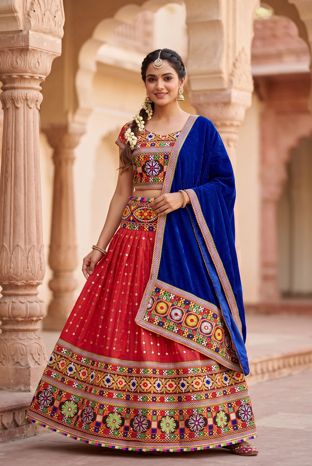 Red Navratri Designer Chaniya Choli with Kutchi Mirror Work and Embroidery Party Wear Lehenga Set - Red