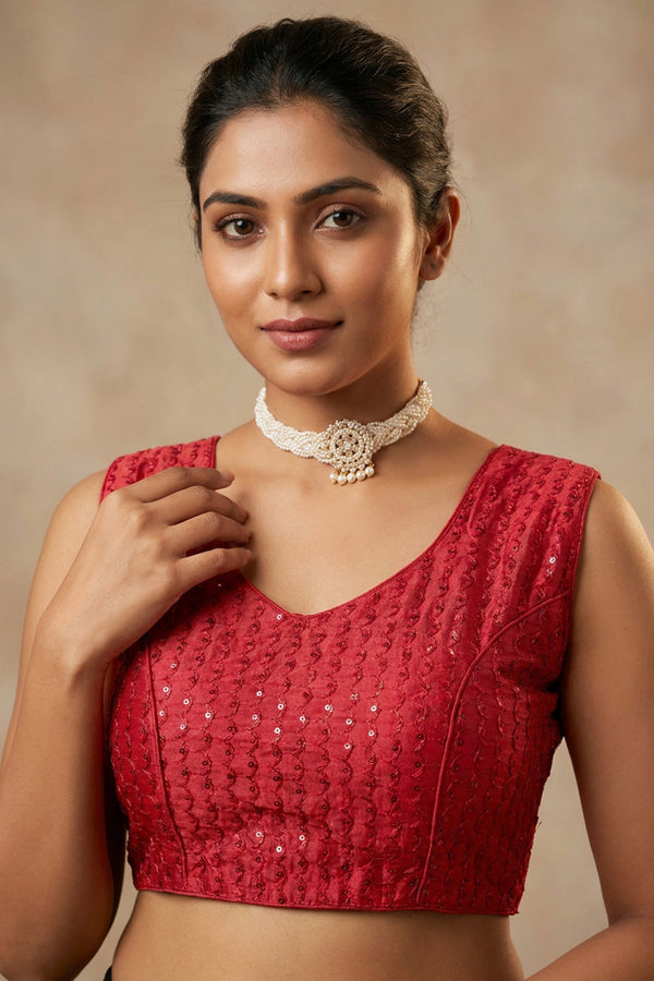 Red Readymade Padded Designer Blouse, V-Neck Sequins & Embroidery, Back Knot, Sleeveless