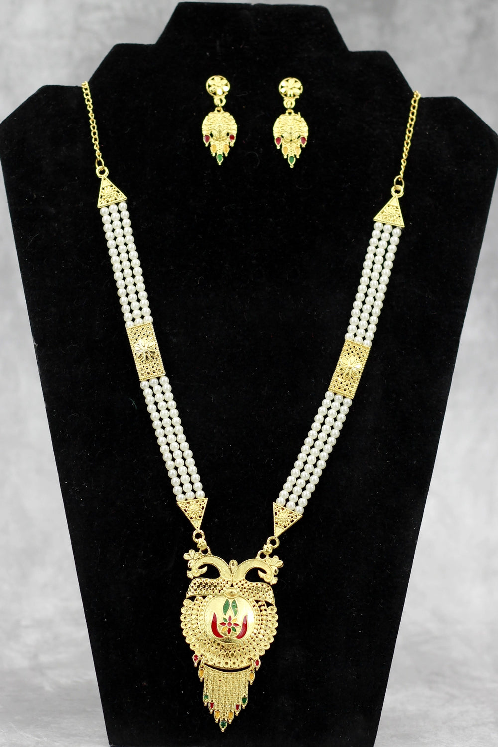 Traditional Gold-Tone Pearl Necklace Set with Floral Pendant & Dangler Earrings - Gold