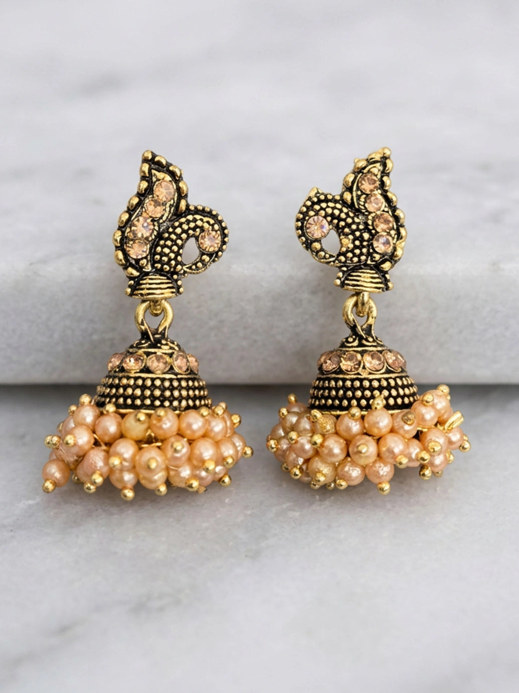 Peach Jhumka Style Antique Look Beaded Earrings for Women, Traditional Floral Leaf Motif - Peach