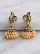 Peach Jhumka Style Antique Look Beaded Earrings for Women, Traditional Floral Leaf Motif - Peach