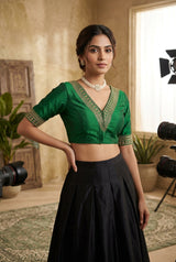 Green Readymade Designer Padded Blouse with V-Neck Gold Zari & Sequin Work, Elbow Sleeves, Back Knot - Green
