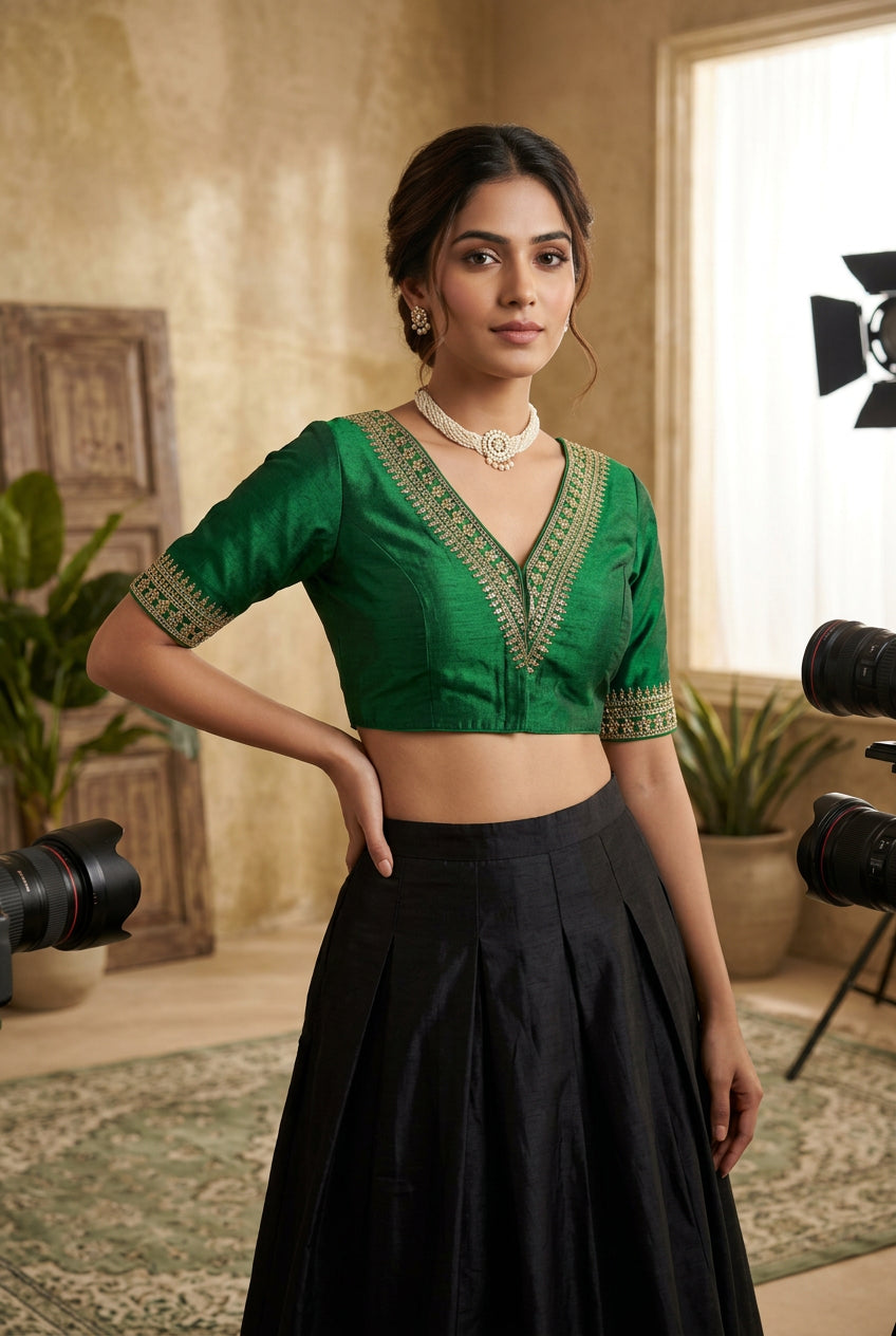 Green Readymade Designer Padded Blouse with V-Neck Gold Zari & Sequin Work, Elbow Sleeves, Back Knot - Green